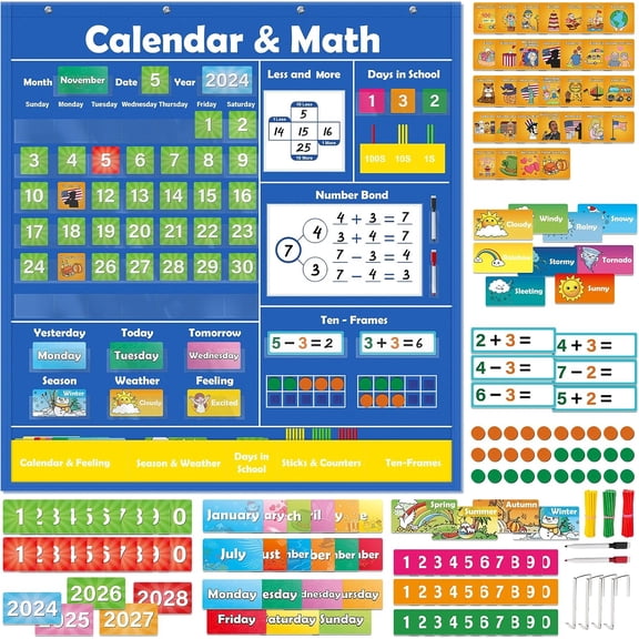 Circle Time Calendar Pocket Chart for Classroom, Kids Learning Center with Weather Seasons Emotions & Math Activities, Addition Subtraction Manipulatives, Preschool Homeschool Supplies