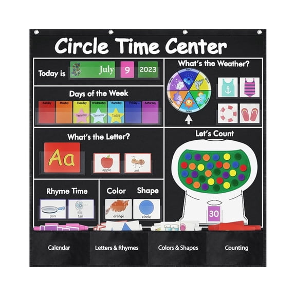 Circle Time Center Pocket Chart 39.76x39.76Inch Educational Pocket Chart Learning Calendar For Classroom Wall Decoration