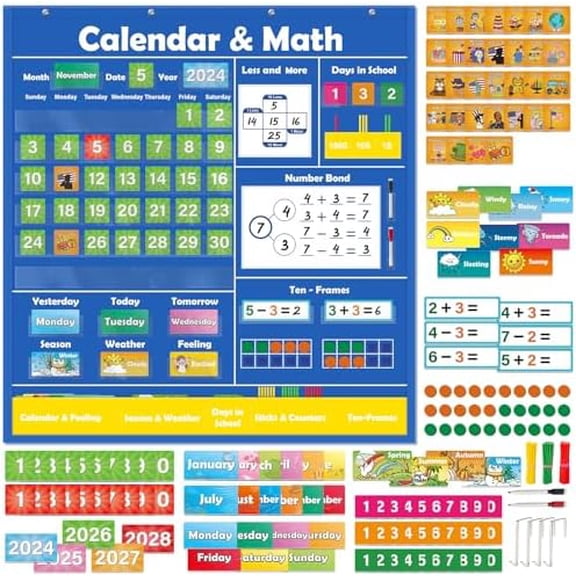 Circle Time Learning Center, Classroom Calendar and Math Pocket Chart for Kids, Monthly Weather Seasons Learning Chart Math Manipulatives Addition and Subtraction Games, Classroom Must Haves