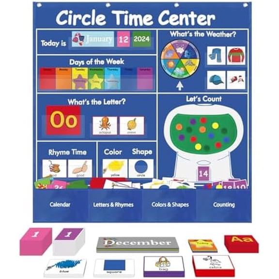 Circle Time Learning Center, Teaching Shape Circle Time Pocket Chart with 221 Cards, Educational Pocket Chart Teaching Materials, Learning Calendar Weather Counting Letter Color Shape etc$$Office