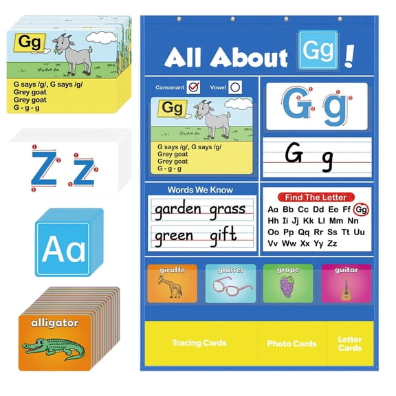 Circle Time Learning Chart - Alphabet Pocket Chart with ABC Flash Cards - Educational Letter Recognition Game for Preschool, Kindergarten & Homeschool
