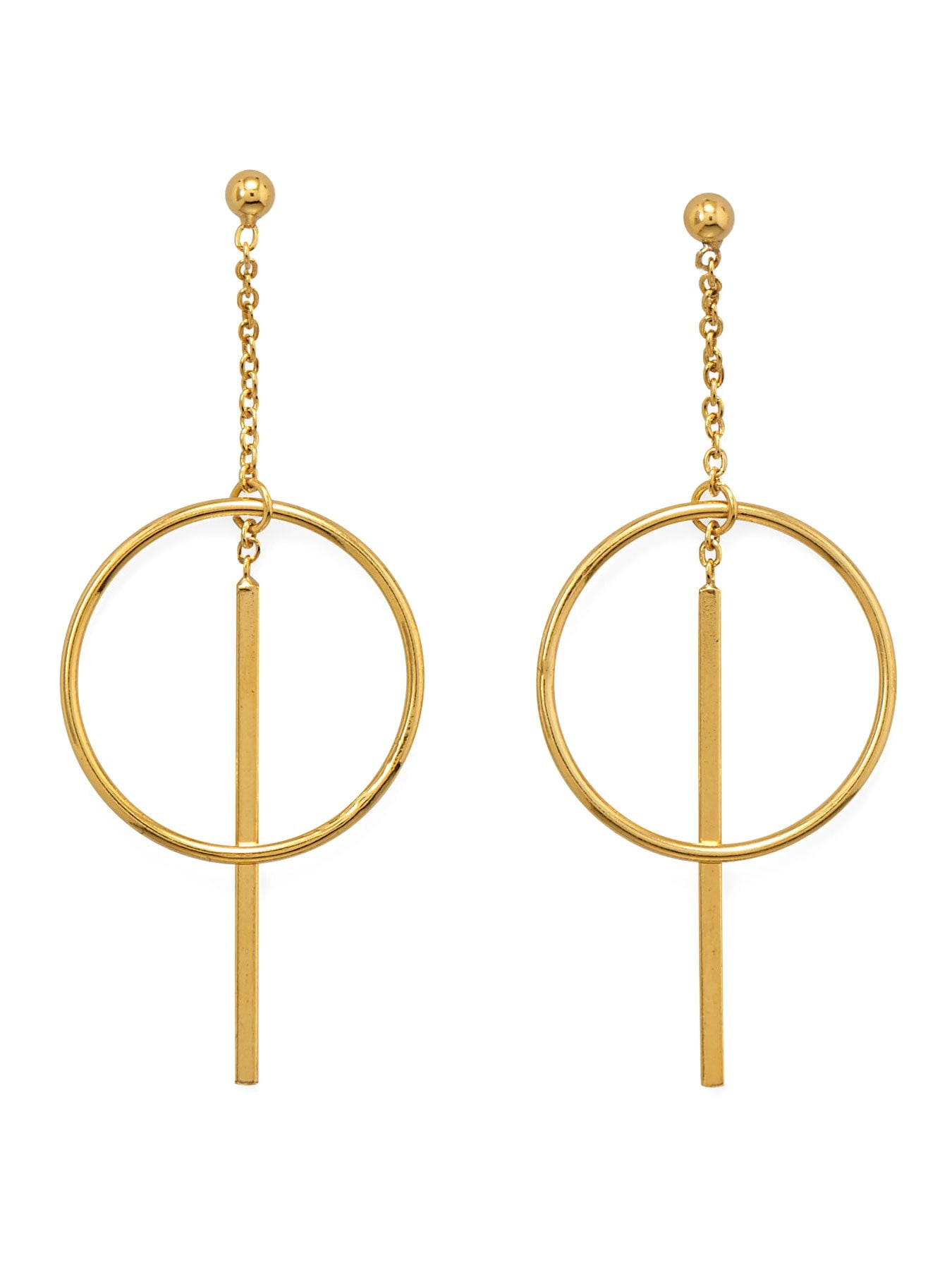 Circle and Bar Dangle Earrings with Chain Ball Post Gold-plated Silver Circle and Bar Dangle Earrings with Chain Ball Post Gold-plated Silver