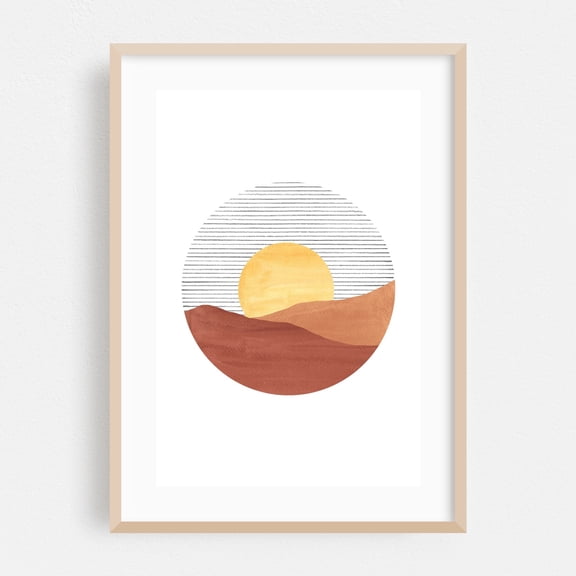 Circle desert sunset - Digital Art Desert Minimalist Abstract Sunset Watercolor Nature Landscape Oak Framed Wall Art Print 24 x 36 inches