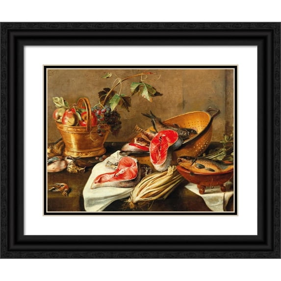 Circle of Frans Ykens 14x12 Black Ornate Wood Framed Double Matted Museum Art Print Titled: Still Life with Fruit in a Copper Vessel, Fish and Game