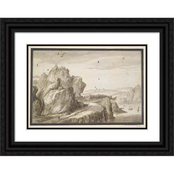 Circle of Gillis Neyts 14x11 Black Ornate Wood Framed Double Matted Museum Art Print Titled: Road Leading to a Church (17th Century)