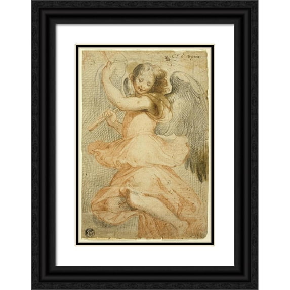 Circle of Giuseppe Cesari 11x14 Black Ornate Wood Framed Double Matted Museum Art Print Titled: Angel Holding a Flute (1580)