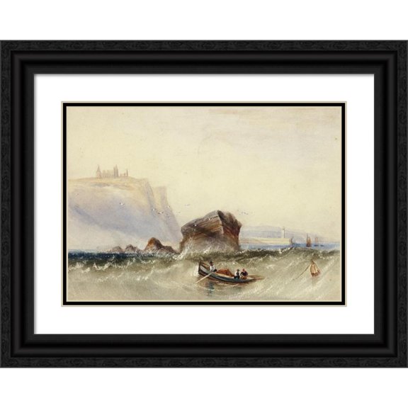 Circle of Henry Barlow Carter 24x18 Black Ornate Framed Double Matted Museum Art Print Titled: Three Men in Rowboat off Rocky Coast