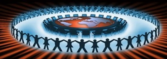 Circle of people around a table of world map Canvas Art - Panoramic Images (36 x 13)