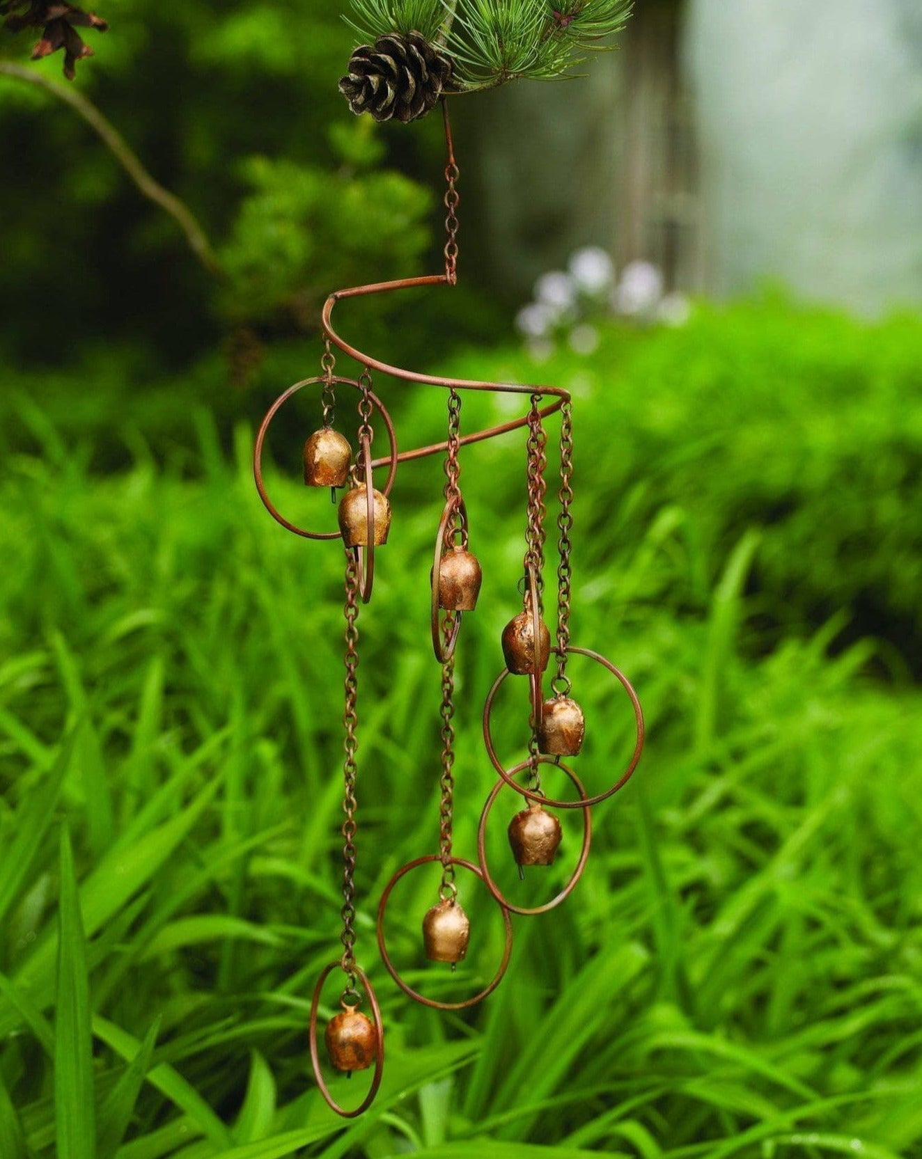 Copper Spiral Mobile with Hanging Bells, 25"