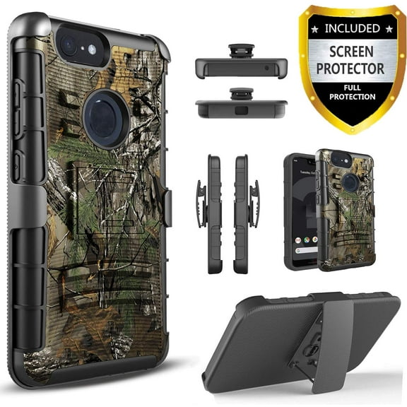 Circlemalls Case for Google Pixel 5, + Screen Protector Combo Built-in Kickstand With Belt Clip Cover (Camo)