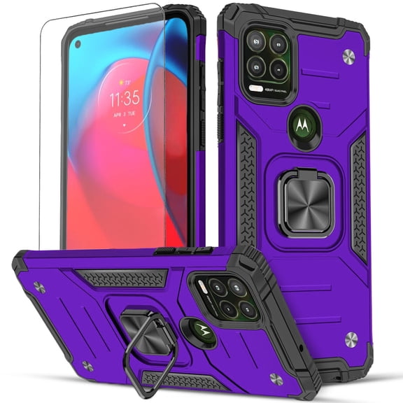 Circlemalls Case for Google Pixel 6A, Tempered Glass Screen Protector, Ring Stand Shockproof Cover-Purple