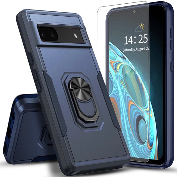 Circlemalls Case for Google Pixel 7 Pro, Tempered Glass Screen Protector, Ring Stand Armor Cover Case-Blue