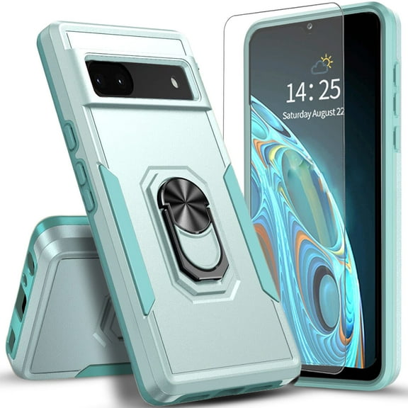 Circlemalls Case for Google Pixel 7 Pro, Tempered Glass Screen Protector, Ring Stand Armor Cover Case-Green