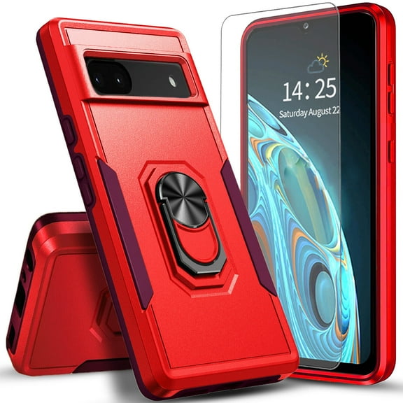 Circlemalls Case for Google Pixel 7, Tempered Glass Screen Protector, Ring Stand Armor Cover Case-Red