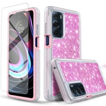 Circlemalls Case for Motorola Moto Edge Plus 2022 Case, Tempered Glass Screen Protector, Drop Proof Phone Glitter Cover-Pink