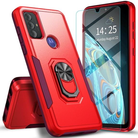 Circlemalls Case for Motorola Moto G Power 2021, Tempered Glass Screen Protector, Ring Stand Armor Cover Case-Red