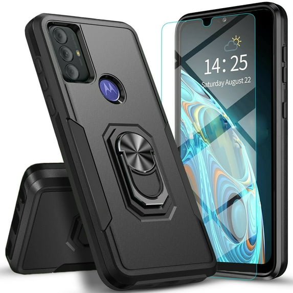 Circlemalls Case for Motorola Moto G Power 2022, Tempered Glass Screen Protector, Ring Stand Armor Cover Case-Black