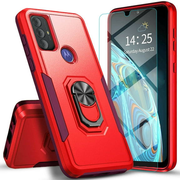 Circlemalls Case for Motorola Moto G Power 2022, Tempered Glass Screen Protector, Ring Stand Armor Cover Case-Red