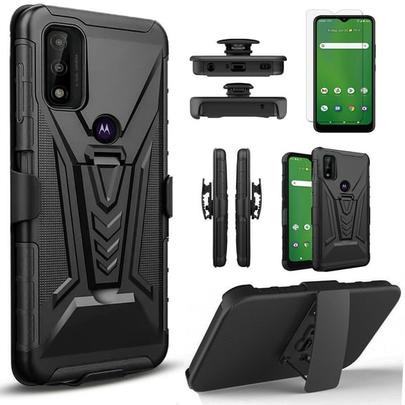 Circlemalls Case for Motorola Moto G Pure, Screen Protector, Heavy Duty Shockproof Built-in Kickstand W/ Belt Clip-Black