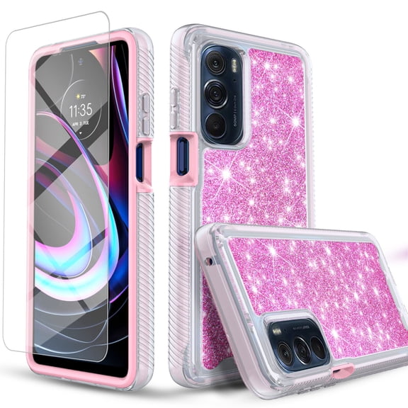 Circlemalls Case for Motorola Moto G22 Case, Tempered Glass Screen Protector, Drop Proof Phone Glitter Cover-Pink