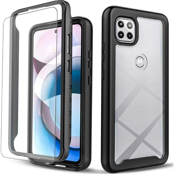 Circlemalls Case for Motorola One 5G ACE, + Screen Protector 12 Feet Drop Test Shockproof Transparent Cover (Black)