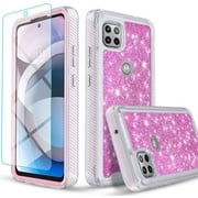 Circlemalls Case for Motorola One 5G Ace, +Screen Protector 12 Feet Drop Proof Phone Cover With Glitter Diamond-Pink
