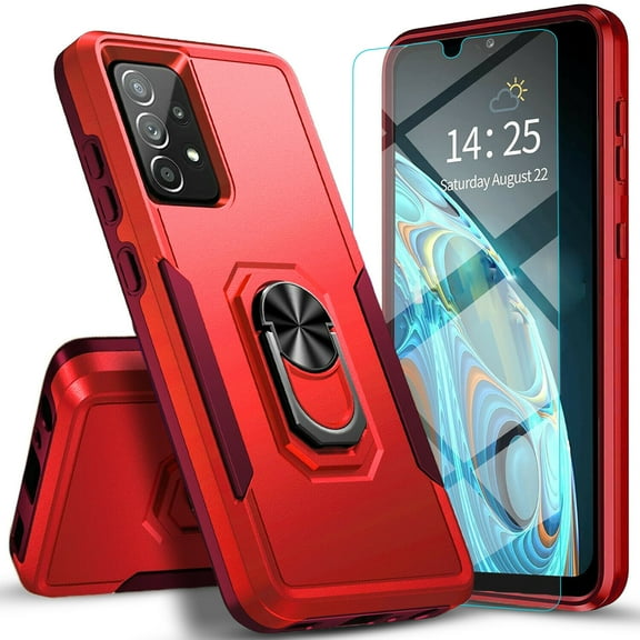 Circlemalls Case for Samsung Galaxy A03S, Tempered Glass Screen Protector, Ring Stand Armor Cover Case-Red