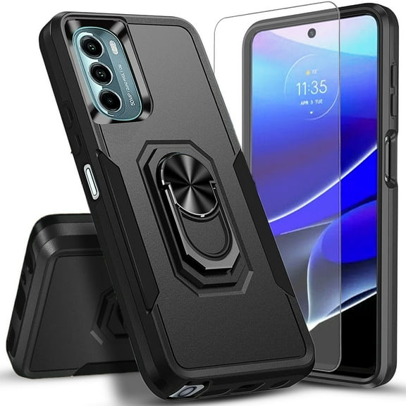 Circlemalls Case for Samsung Galaxy A13 4G, Tempered Glass Screen Protector, Ring Stand Armor Cover Case-Black