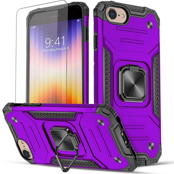 Circlemalls Case for iPhone SE 2022, Tempered Glass Screen Protector, Ring Stand Shockproof Cover-Purple