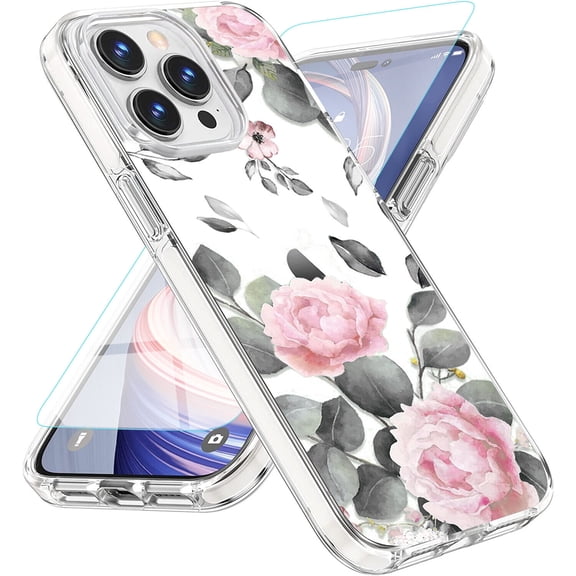 Circlemalls Moto G Play 2023 Case, [With Tempered Glass Screen Protector], Shockproof Protective Bumpers Cover-Pink Rose