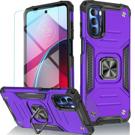 Circlemalls for Galaxy A14 5G Case, Tempered Glass Screen Protector, Ring Stand Shockproof Cover-Purple