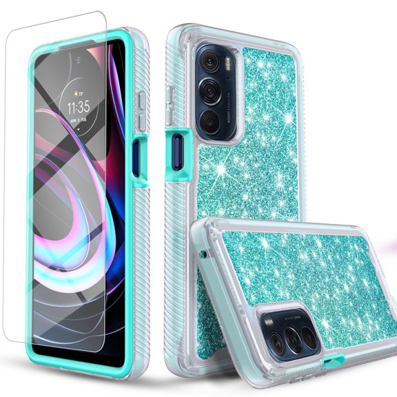 Circlemalls for T-Mobile Revvl 6 5G Case, Tempered Glass Screen Protector, Drop Proof Phone Glitter Cover-Teal