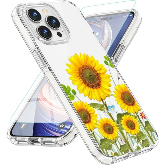 Circlemalls iPhone 14 Pro Case, [With Tempered Glass Screen Protector], Shockproof Protective Bumpers Cover-Sun Flower