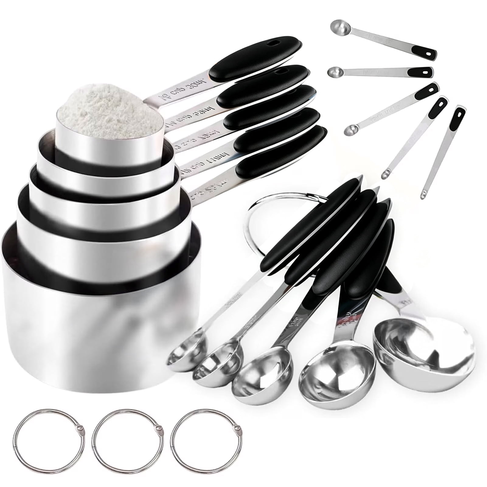Circles 15-Piece Stainless Steel Measuring Cups and Spoons Set - Nesting Design with Soft Touch Silicone Handles, Metal Measuring Set for Dry & Liquid Ingredients, Cooking & Baking (Black)