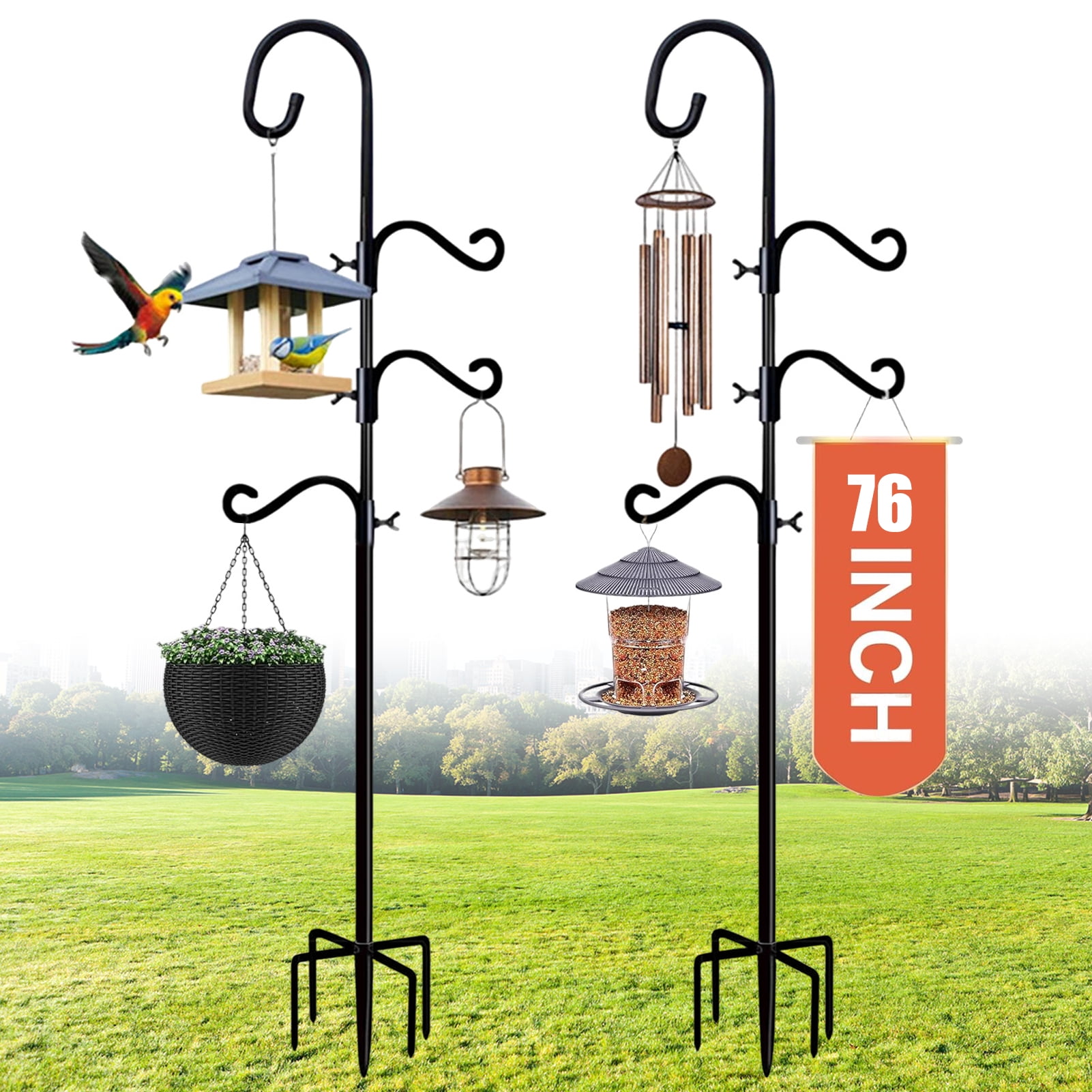 Circles 76 Inch Shepherds Hooks for Outdoor 2 Pack, Bird Feeder Poles with 4 Hooks, Shepherds Hook for Bird Feeders Outside with Base, Garden Pole for Hanging Plant Baskets, Weddings Decor (76 Inch)