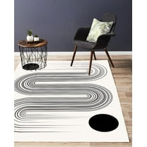 Circles Black and Beige Area Rug, Minimalist Lines Home Decorative Rug, Multipurpose Washable Rug, Easy Clean for Kids Teen Bedroom Living Room Office 12"x20"
