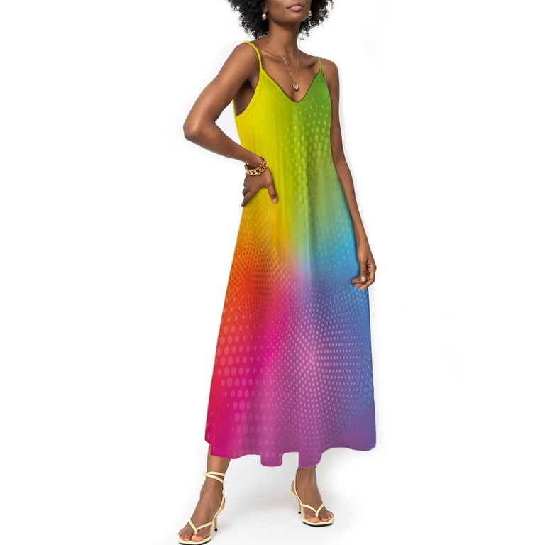 Circles Design Women s Maxi Dress Neon Colors Circles Rounds Dot Print Sleeveless Spaghetti Strap Beach Long Maxi Dress Rainbow Colors 5XL