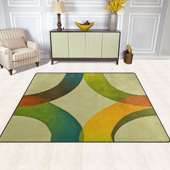 Circles Geometric Pattern 63''x48'' Plush Memory Foam Bath Mat, Soft, Absorbent, Non Slip, Durable