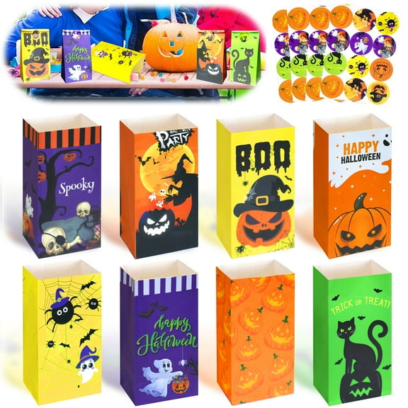 Circles Halloween Treat Bags Large,40pcs Halloween Goodie Bags Paper,Trick or Treat for Kids Candy Bag and 40pcs Halloweens Stickers Gift Bags
