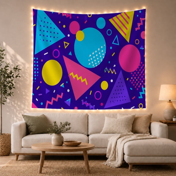 Circles and Triangles on Violet Background, Playful Retro for Home Decor Enthusiasts, Geometric Wall Art, Housewarming Gift, Tapestry Wall Hanging for Living Room and Dorm