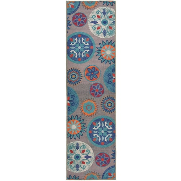 Circles and Flowers Abstract Grey Runner Rug Slip Skid Resistant Rubber Backing Anti Bacterial Rug Runner (Multi Grey, 1'11" x 6'11")