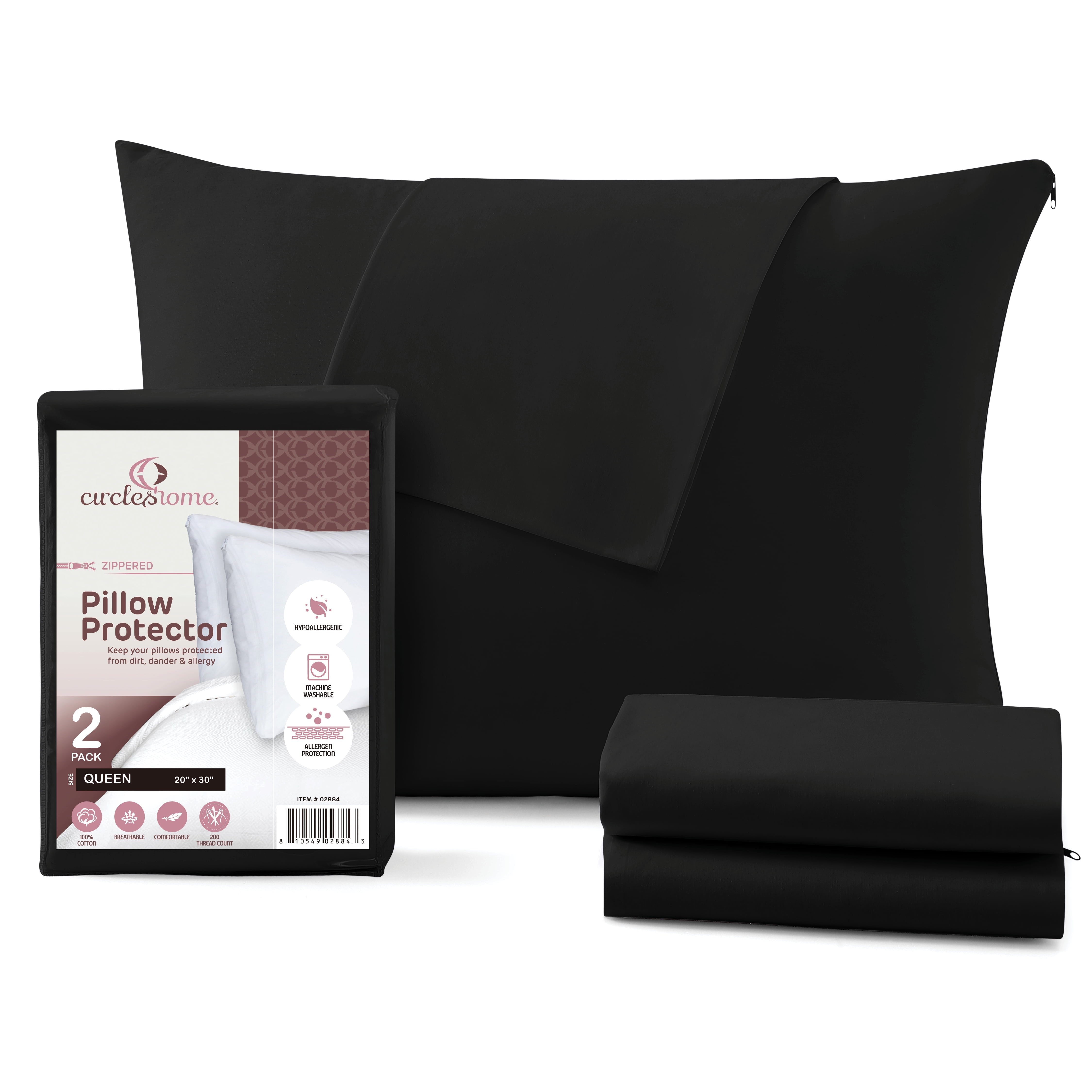 Black Hypoallergenic Cotton Zippered Pillow Protector Set, Queen Size