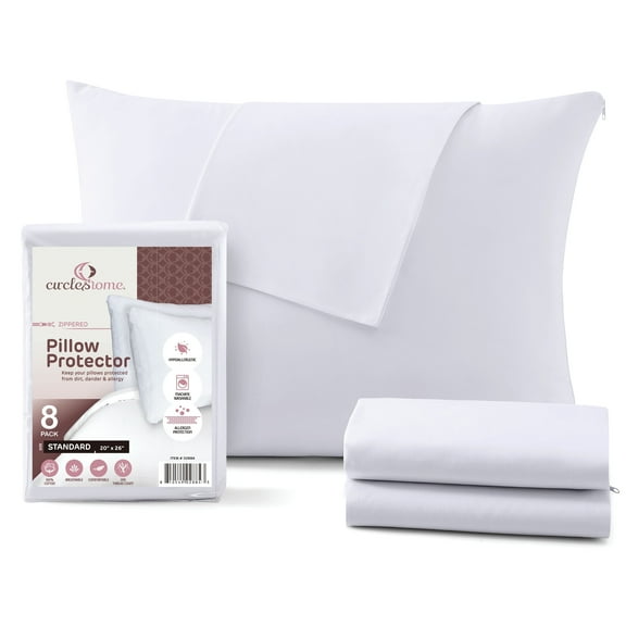 CirclesHome Pillow Protectors 8 Pack Standard Zippered - 100% Cotton Breathable Pillowcases - Protects Pillows from Dirt, Dust and Debris (Standard - Set of 8 - 20x26)