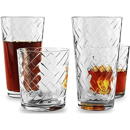 Circleware Chevron Drinkware 12-Piece Glassware Entertaining Set of Highball Tumbler Drinking Glasses and Whiskey Cups for Water, Beer, Juice, Ice Tea Beverages, 6-15.75 oz & 6-12.5 oz, Clear