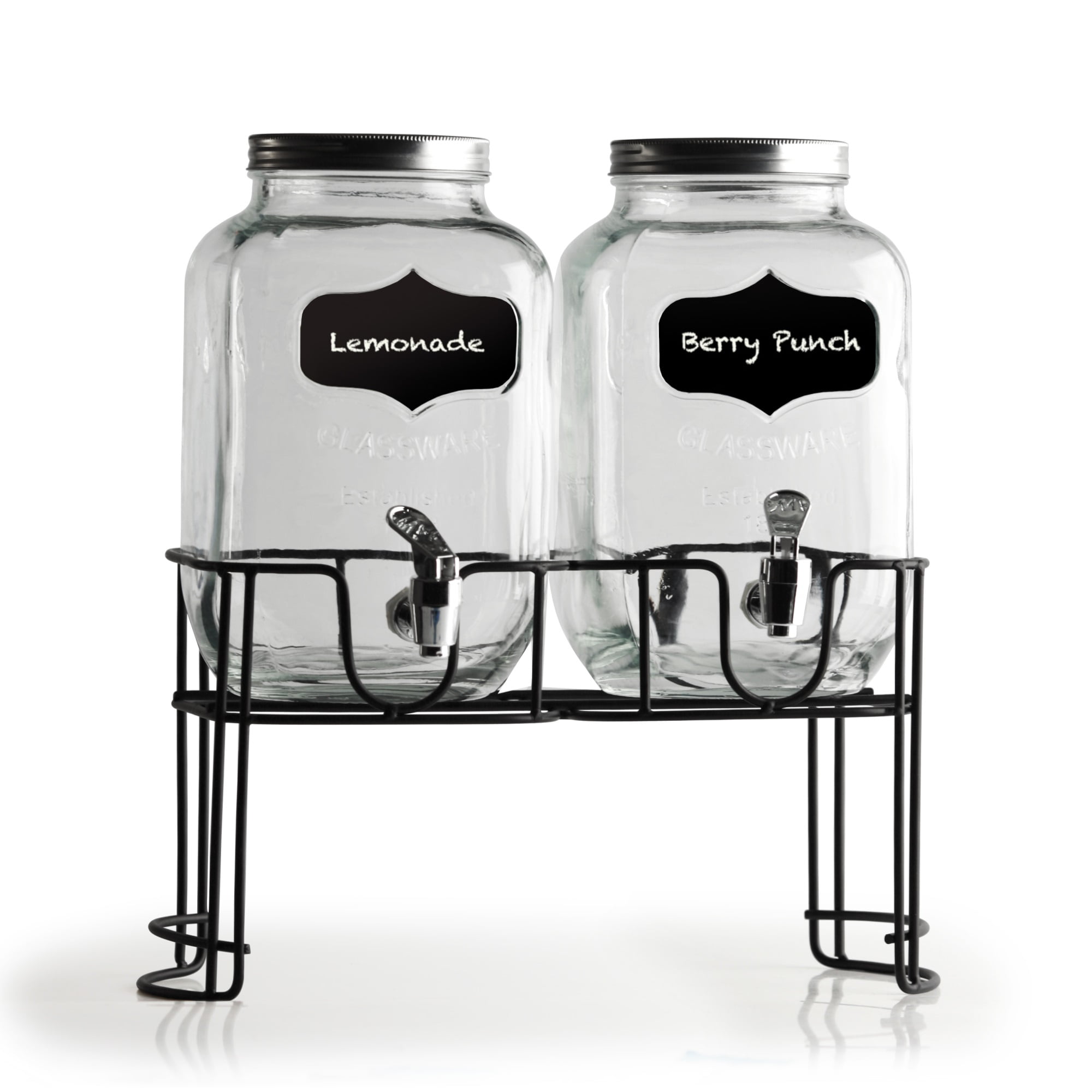 Double 1-Gallon Mini Yorkshire Glass Beverage Dispenser on Metal Stand
