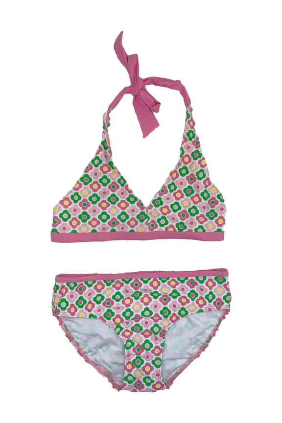Girls Pink & Green Flower 2 Piece Bathing Suit Swim Set UPF 50 Swimwear L