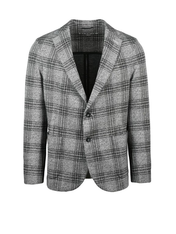 Rounded Jacket With Notched Lapel And Grey Checkered Pattern (Men's)