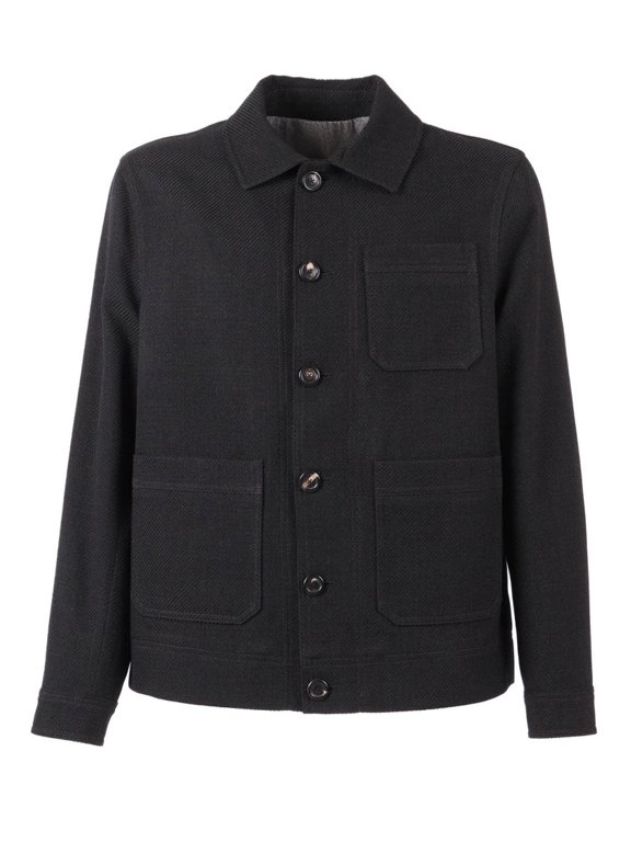 Structured Black Work Jacket In Virgin Wool And Cotton Blend (Men's)