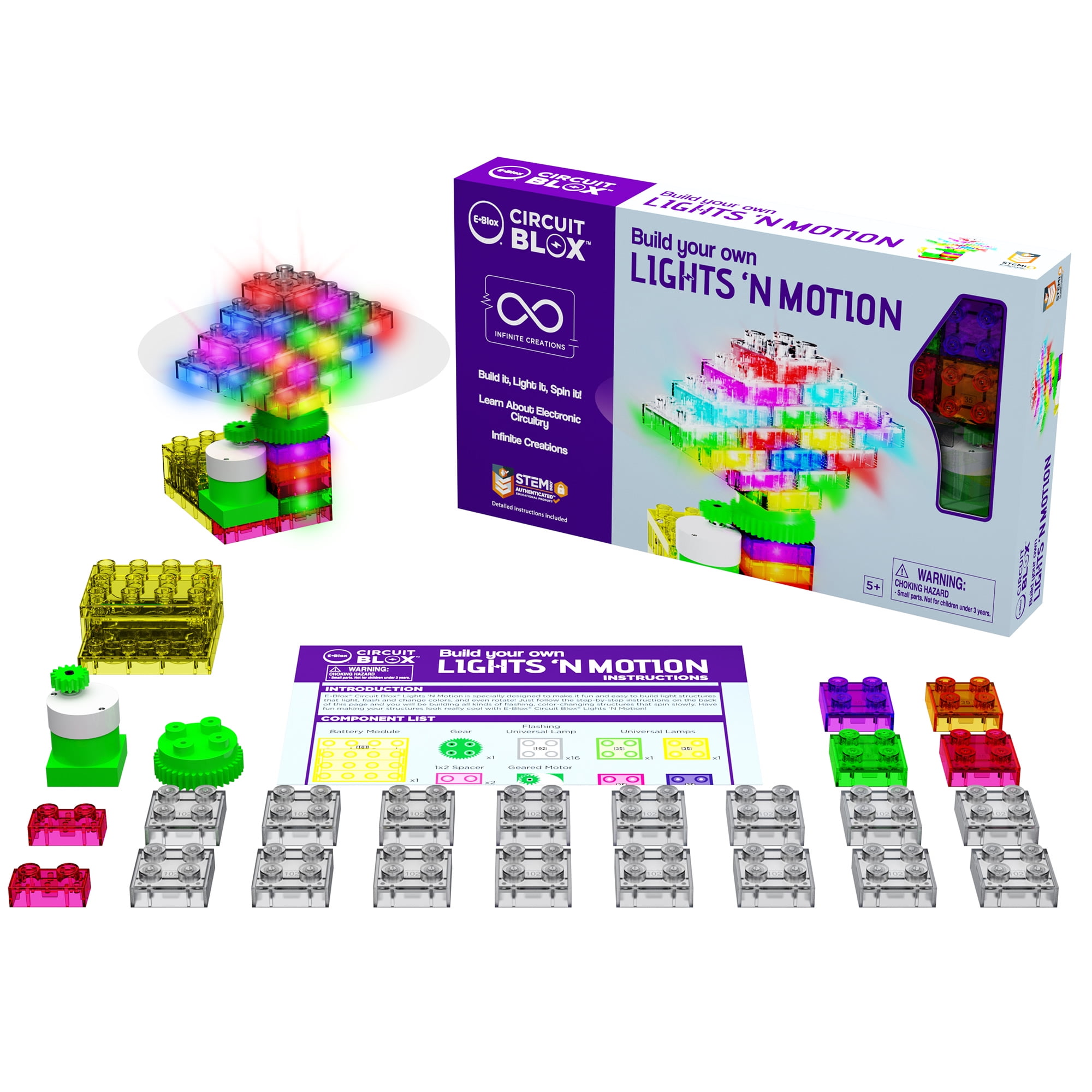 E-Blox: Circuit Blox: BYO Lights 'N Motion - Build-Light-Spin, Build Your Own 3D Creations, LED Brick Kit, DIY STEM Electrical Activities, Kids Age 5+