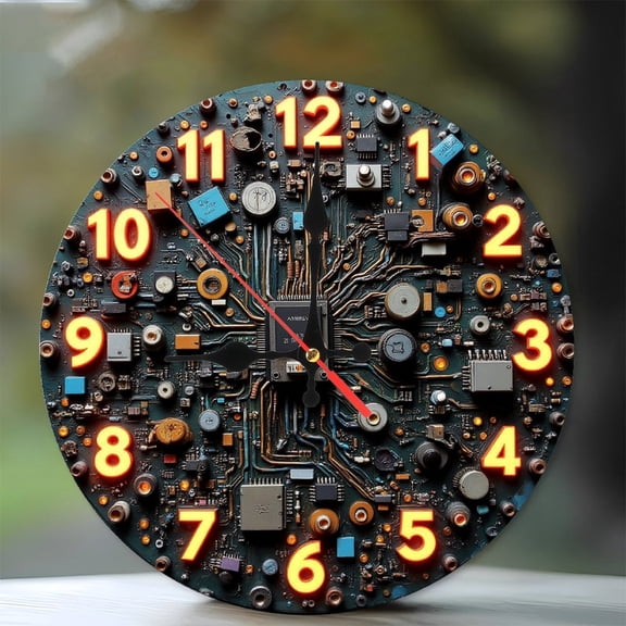 Circuit Board Clock Wall Decor 10-Inch Silent Wooden Wall Clock, Battery Operated (AA Batteries Not Included), Artistic Home Decor